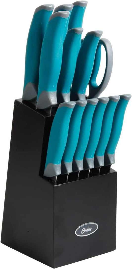 Oster 81007.14 Lindbergh 14 Piece Stainless Steel Cutlery Set Black Block With Sharpener, Teal Handle Kitchen Knives Set,Teal/Black by Unknown