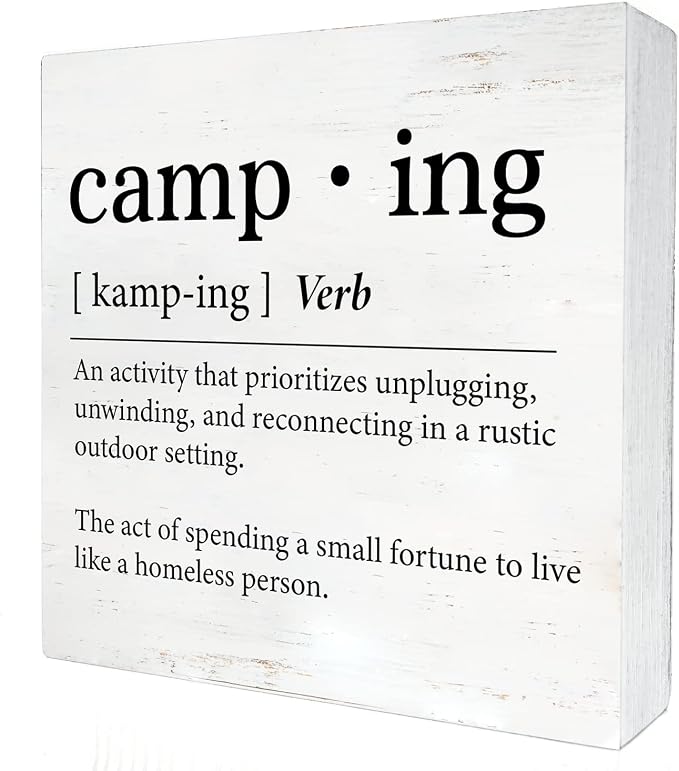 Funny Camping Definition Wood Box Sign Home Decor Rustic Camping Wooden Box Sign Block Plaque for Wall Desk Decoration by HDKY