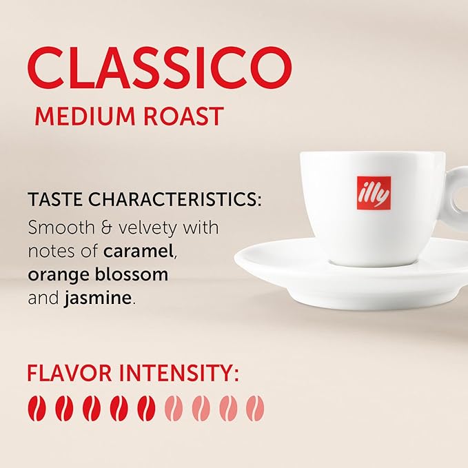 illy Ground Coffee Espresso - 100% Arabica Coffee Ground – Classico Medium Roast - Notes of Caramel, Orange Blossom & Jasmine - Rich Aromatic Profile - Precise Roast - No Preservatives – 4.4 Ounce