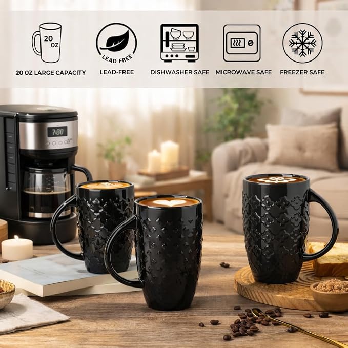 AmorArc Large Coffee Mugs Set of 6, 20oz Tall Coffee Mugs Set | with Texture Patterns for Cappuccino, Latte,Hot Cocoa, Dishwasher & Microwave Safe-Black - Image 5