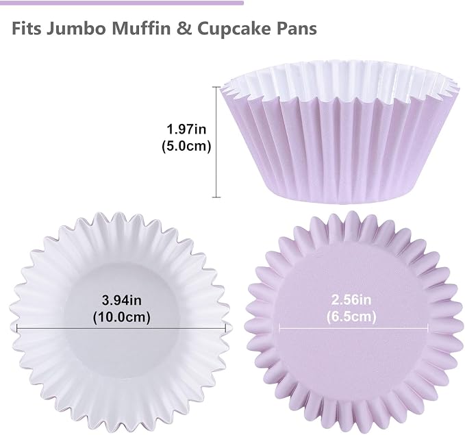 Caperci Heavy Duty Purple Jumbo Cupcake Muffin Liners for Baking - Extra Large 100pcs Grease-Resistant Paper Baking Cups, No Muffin Pan Needed, Odorless, Easily Peels (Orchid Purple) - Image 3