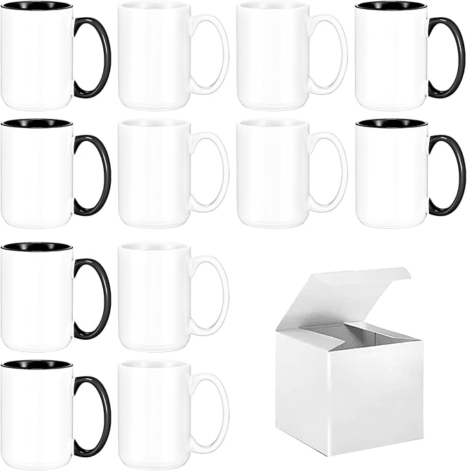 TANGLONG 12PC 15oz Sublimation coffee Mugswith Box -6 White and 6 Black | Ceramic Cup for for Coffee, Tea, Latte, Soup,Sublimation Blanks,Tazas Para Sublimar,Heat Sensitive Coffee Mugs,homemade gifts by TANGLONG