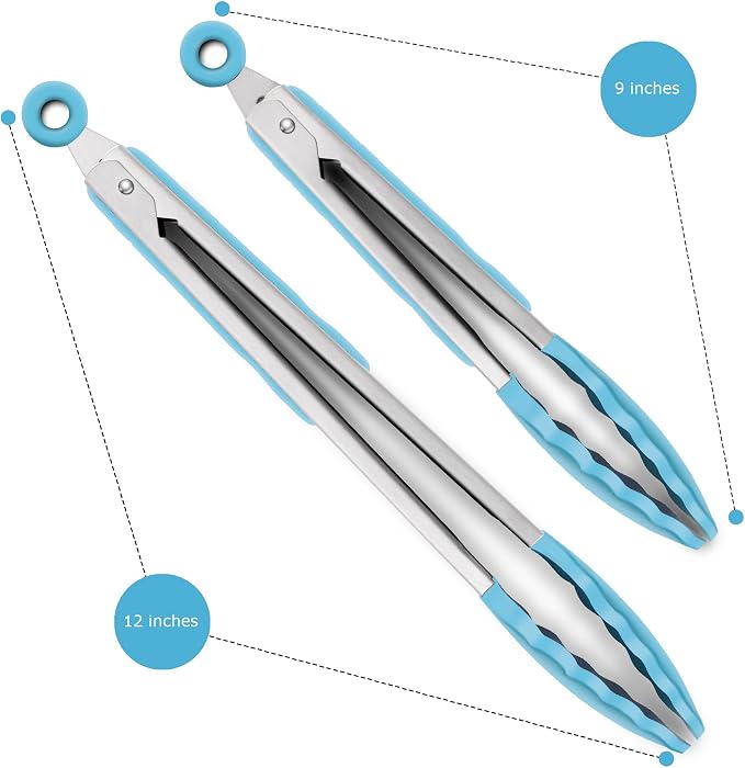 2 Pack Silicone Kitchen Tongs – 9" & 12" Set, Heat Resistant up to 500°F, Non‑Stick Cookware Safe, Wavy Silicone Tips, BPA Free, Locking Clip & Hanging Loop, Blue - Image 4