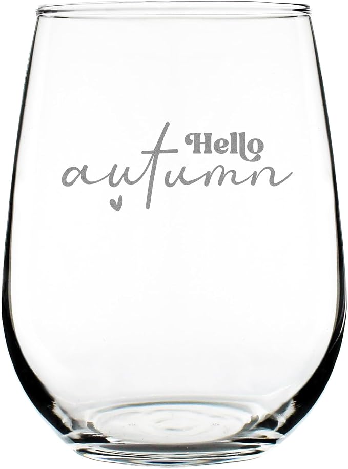 Hello Autumn Engraved Stemless Wine Glass, 17oz Fall Decor, Cozy Season Etched Glassware for Her, Lover by Make+Your+Mark+Design
