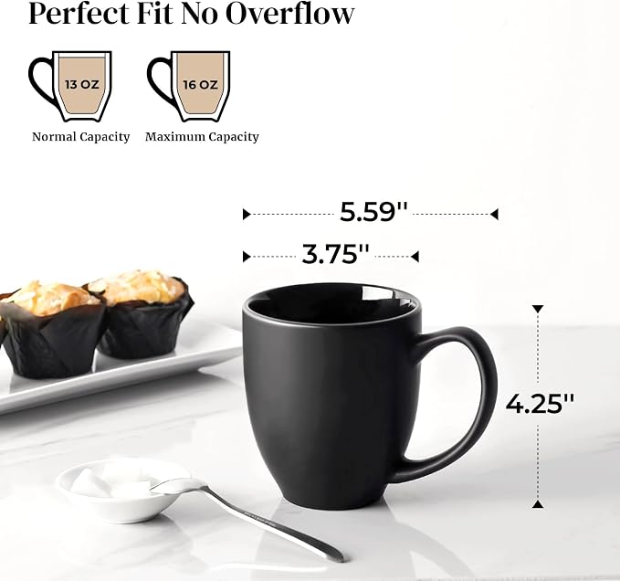 DOWAN Coffee Mugs, Black Coffee Mugs Set of 6, 16 oz Ceramic Coffee Cups with Large Handles for Men Women, Porcelain Big Mug for Tea Latte, Mug Gifts for Home Office Party - Image 2