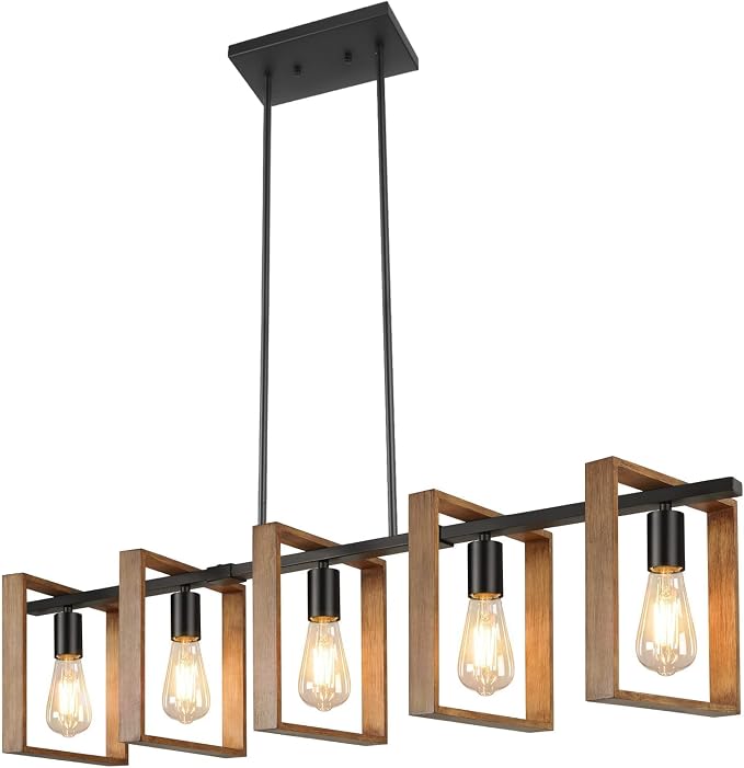 53’’ Farmhouse Kitchen Island Lighting, 5-Light Adjustable Dining Room Light Fixtures, Rustic Wood Chandeliers Black Hanging Light Fixtures for Kitchen, Pool Table Lights, Bulbs Not Included - Image 4