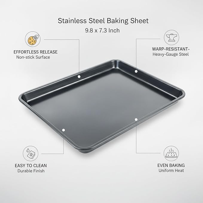 1-Pack Stainless Steel Baking Sheet, 9.8 x 7.3 Inch Cookie Pan for Oven, Durable Smooth Surface Tray for Pastries - Image 4