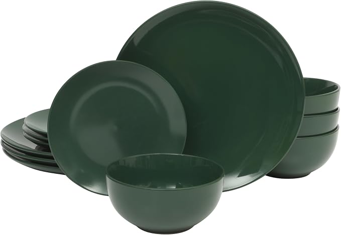 Gibson Home Simple Essential (Service for 4) 12 Piece Plates and Bowls Porcelain Solid Color Dishes Ceramic Dinnerware Set - Hunter Green - Image 6