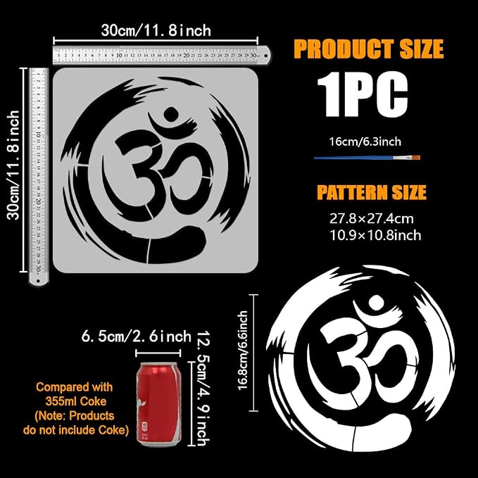 FINGERINSPIRE Om Symbol Stencil with Paint Brush 11.8x11.8 inch Yoga Zen Circle Pattern Template Yoga Om Symbols Craft Stencil for Painting on Wall Wood Floor Tile Canvas Fabric Furniture - Image 2