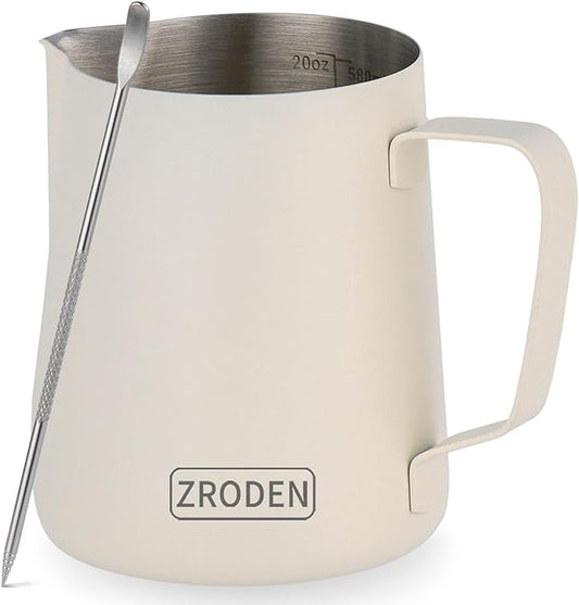 Milk Frothing Pitcher, 20oz Espresso Steaming Pitchers Stainless Steel Milk Coffee Cappuccino Barista Steam Pitchers Milk Jug Cup with Decorating Pen Latte Art, Matte White