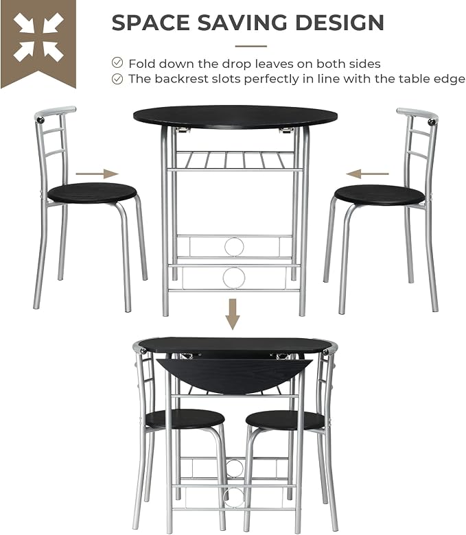 VINGLI 31.5" Drop Leaf Dining Table Set for 2, 3 Pieces Dining Table with Chair for Small Space, Small Kitchen Extendable Folding Dining Table for Dining Room，Home, Apartment, Saving Places, Black - Image 6