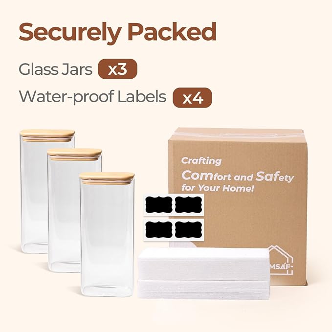 ComSaf Glass Storage Containers With Lids 2 Qt, Set of 3 Cereal Containers | Pantry Storage Container, Rectangle Jar, Glass Cereal Dispenser, Kitchen Canisters, Dry Food, Flour, Sugar, 64oz, BPA Free - Image 8