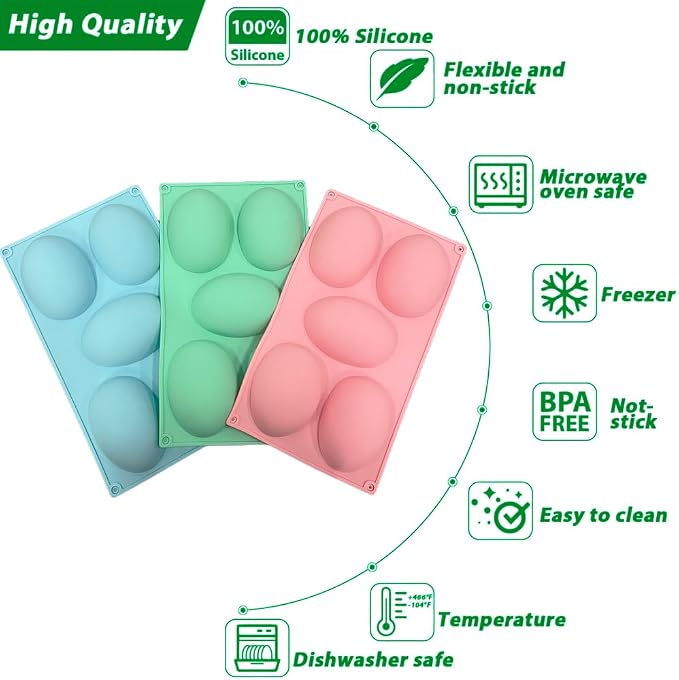 3 Pack 3D Big Easter Egg Silicone Molds, 5 Cavity Egg Shape Non-stick Baking Molds Tray DIY Baking Tool Easter Egg Pan for Chocolate Cake Dessert Muffin Mousse Pastry Handmade Soap Crayons - Image 3