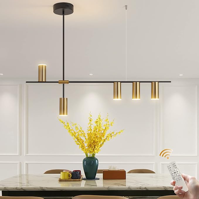 Siittoo 39.3-Inch LED Kitchen Island Pendant Light with Remote, Black Gold | 5-Light Dimmable Linear Chandelier, 3000K-6000K Adjustable Dining Room Light Fixture Over Kitchen Island and Table by Siittoo
