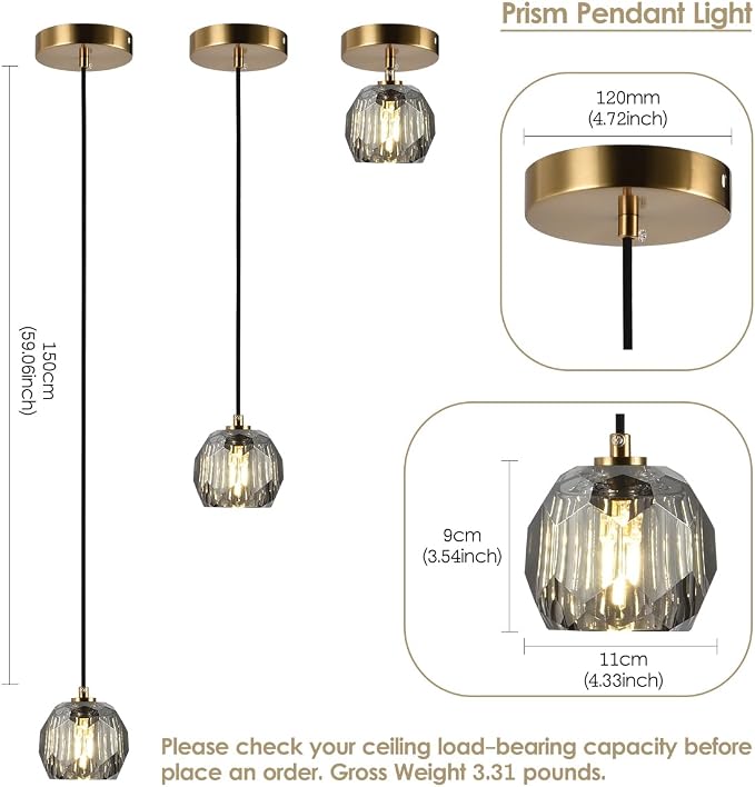 Crystal Pendant Light, Smoke Crystal Pendant Light Fixture Kitchen Island, Small Prism Pendant Hanging Lighting Fixture for Dining Room Bedroom - Image 2