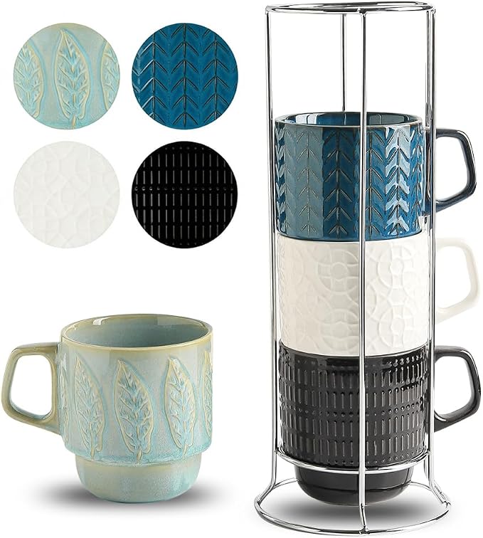 KOOV Ceramic Coffee Mug Set with Stand, 16 oz Coffee Mugs for Coffee, Tea, Cocoa, Stackable Ceramic Coffee Cup Set of 4, Large Mug Set of 4, Drinking Vessels for Women, Men (Blueset) by KOOV