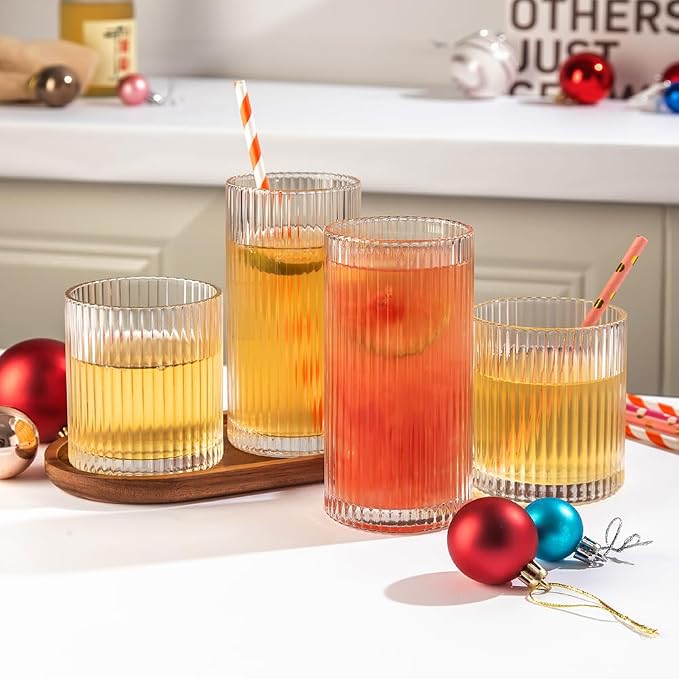Ribbed Drinking Glasses 12pcs, 12oz and 10oz Glassware, Tumbler Glasses Cup Set for Wedding, Party, Christmas Gift, Clear - Image 3