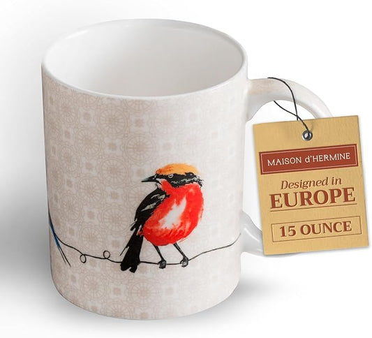 Maison d' Hermine Coffee Mug with Handles Tea Cups (15 Ounce, Pack of 1) | Fine Bone China Coffee Mugs for Hot Beverages Cappuccino Latte Home Restaurant Spring Summer -Birdies on Wire - Nuthatch by MaisondHermine