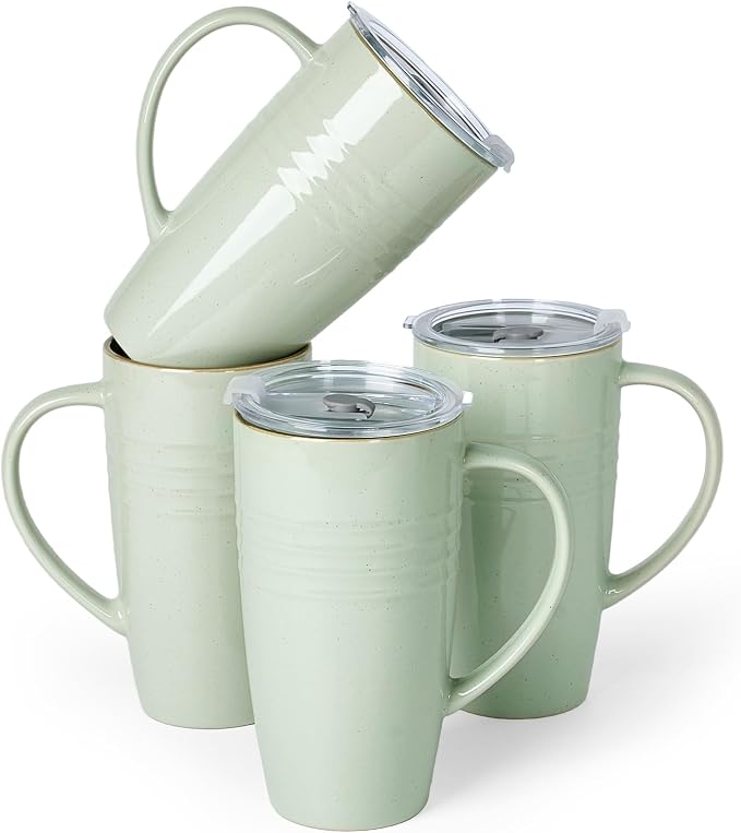 famiware Jupiter Large Coffee Mug, 20oz Coffee Mug with Lid, Ceramic Mugs Set of 4, Cup Set with Handle for Latte, Tea, Cocoa, Milk, Home & Office, Microwave and Dishwasher Safe, Light Green by Famiware