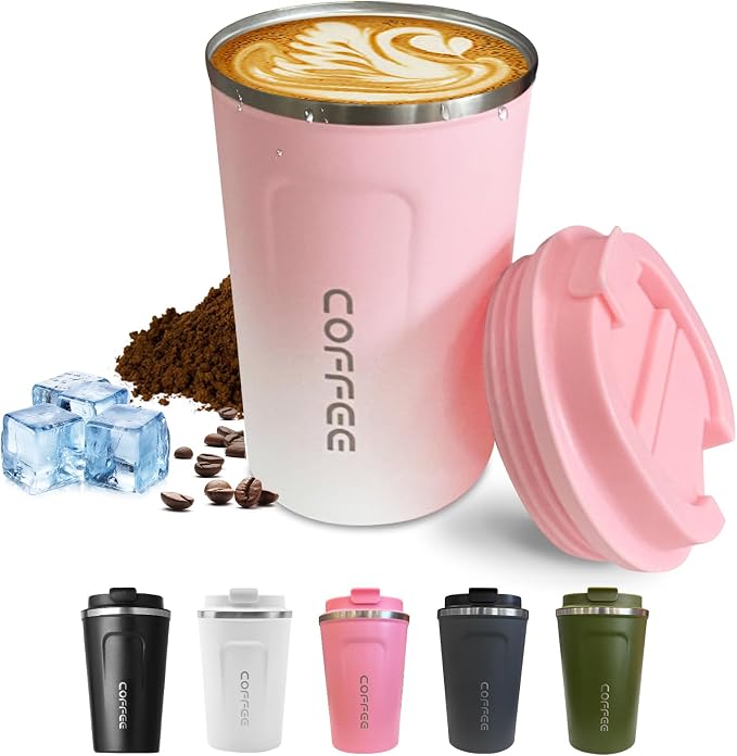 SPLMIFA Travel Coffee Mug Leak-Proof, Reusable Coffee Cups with Lids, Stainless Steel Vacuum Insulated Coffee Tumblers, Thermal Insulation Cup for Men and Women Hot & Cold Drinks(2nd-Pink White, 12OZ) by SPLMIFA