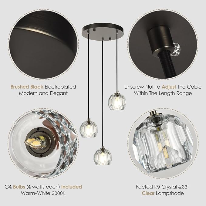 3 Lights Pendant Lighting, Brushed Black Cluster Pendant Light Kitchen Island, Cut Crystal Pendant Light Fixture Hanging Lights for Dining Room Foyer Bathroom - Image 5