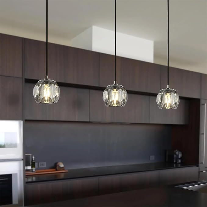 Crystal Pendant Light Fixture, Modern Black Pendant Light Kitchen Lighting, Small Crystal Pendant Island Hanging Light for Kitchen Dining Room - Image 3