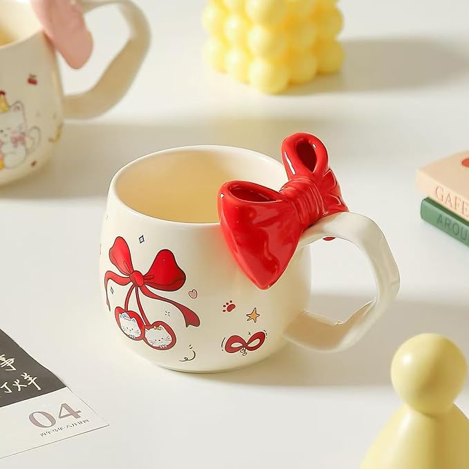 DTIUYIOP-Kawaii Red Bow Cherry Cat Ceramic Coffee Mug with 3D Red Bow and Bow Spoon, Large Curved Handle Cute Kitty Tea Cup, Coquette Aesthetic Gift for Women Girls Birthday Valentine’s Day Christmas - Image 3
