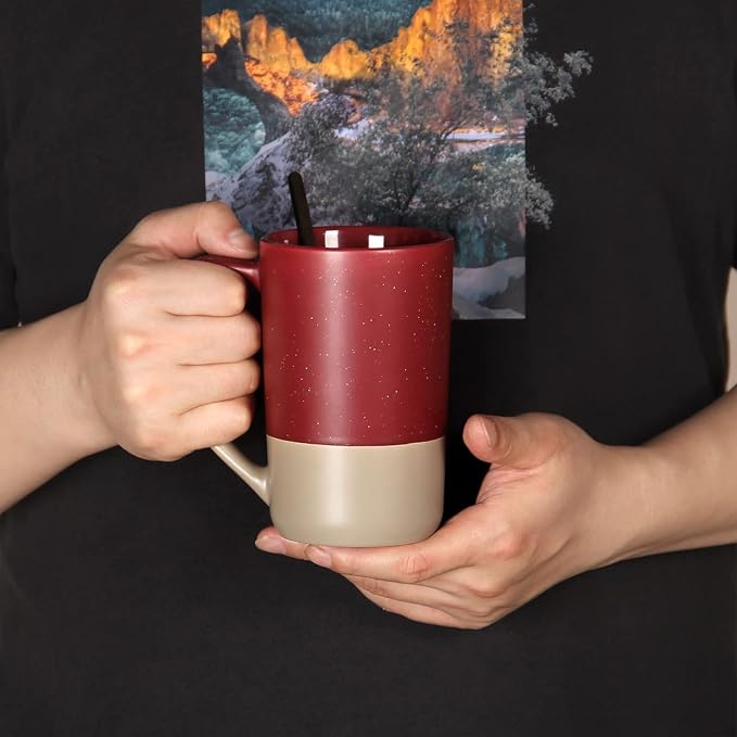 16 OZ Large Coffee Mug, Two Color Combination Big Ceramic Tea Cup with Square Handle with White Speckled for Men Women Restaurant Home Office Hot Drinks, Red - Image 4