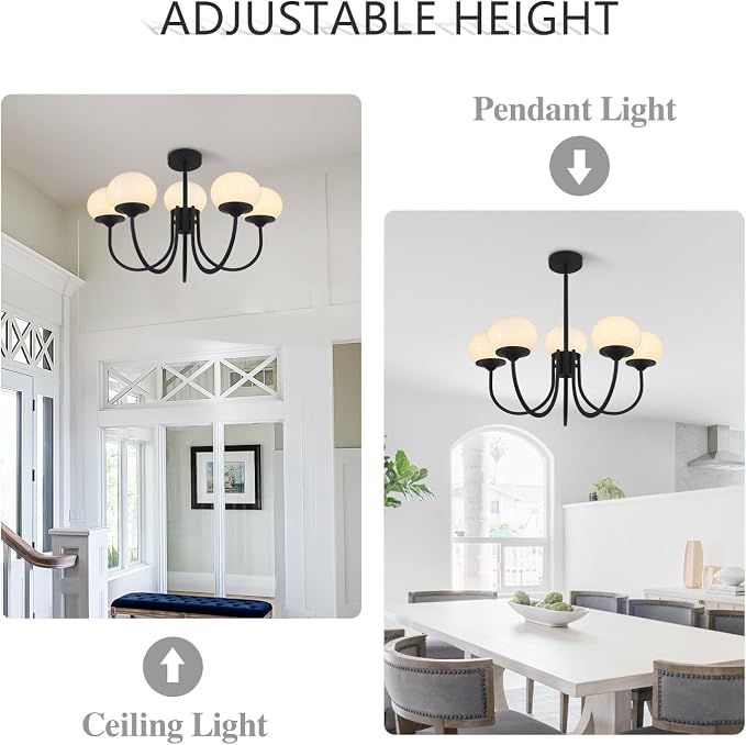 5 Light Black Milk Glass Chandelier Farmhouse Pendant Lights Kitchen Island Frosted White Globe Chandelier Mid Century Modern Dining Room Light Fixtures Over Table - Image 7