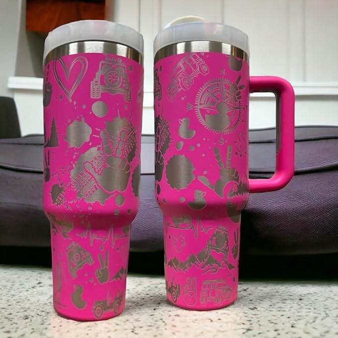 Tumbler, 40oz Tumbler, Western Tumbler, Engraved Cup with Handle, Cute Coffee Mug, 40oz Coffee Mug (Hot pink(4)-Off road(B34))
