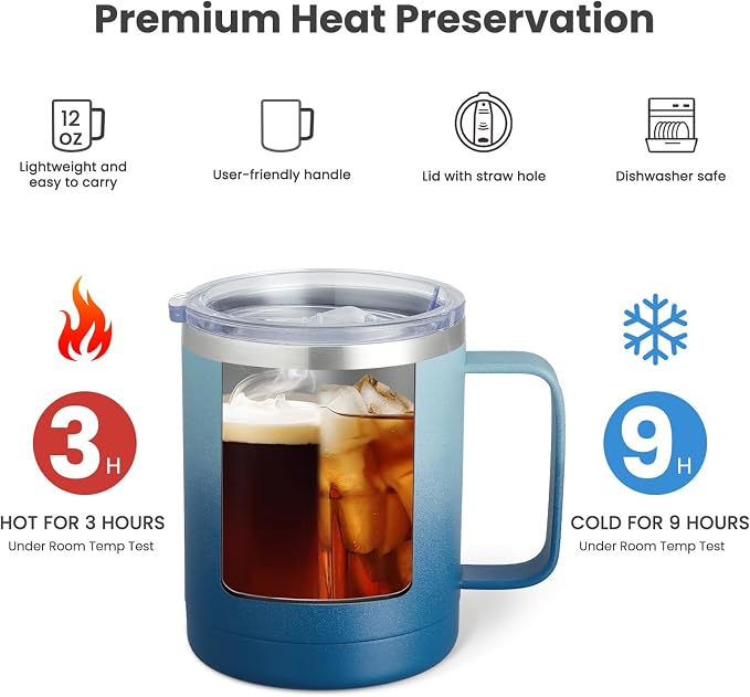 MEWAY 12oz Coffee Mug With Handle and Sliding Lid,Stainless Steel Travel Tumbler Cup with Handle,Double Wall Vacuum Insulated Camping Cup for Hot & Cold Drinks Tea (Blue Waves,Set of 1) - Image 2