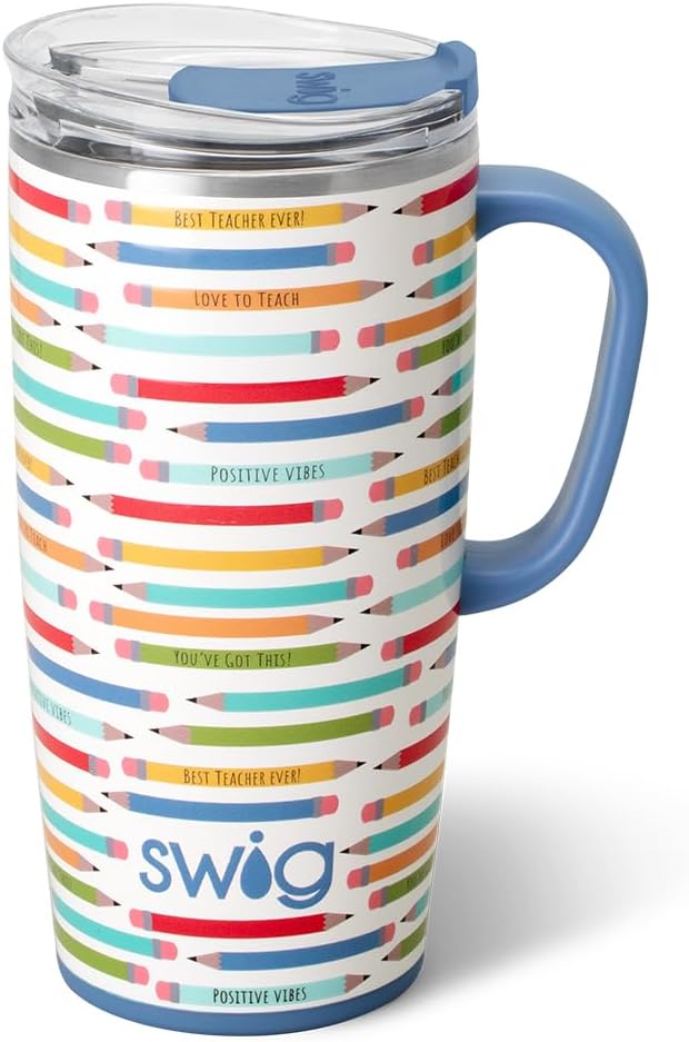 Swig Life 22oz Insulated Travel Mug with Handle & Lid, Teacher Life | Triple Insulated Stainless Steel - Handle & Lid Included - Keeps Coffee Hot or Cold - Cup Holder Friendly by SwigLife