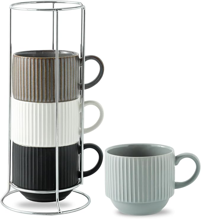 HASENSE Large Coffee Mug Set of 4 with Rack - 15 oz Stacking Ceramic Ribbed Latte Cups Set for Cappuccino, Tea, Hot Cocoa, Drinks - Dishwasher & Microwave Safe Assorted Colors by Hasense