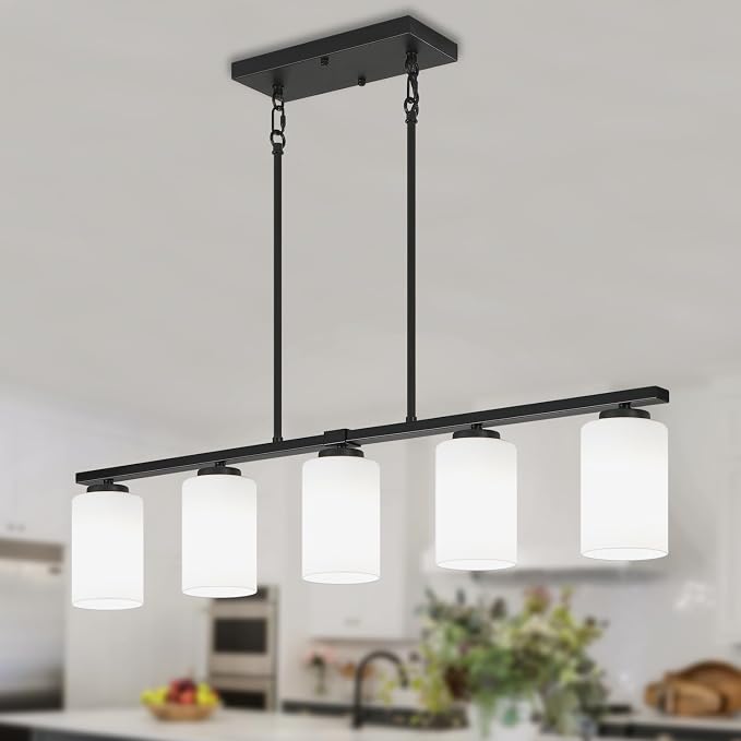 Modern Kitchen Island Lighting, Dining Room Light Fixtures Over Table | 37'' Black Island Lights for Kitchen, 5-Light Farmhouse Linear Chandeliers White Frosted Glass Shade, Adjustable Height by YUEMZSChandelierforLiving