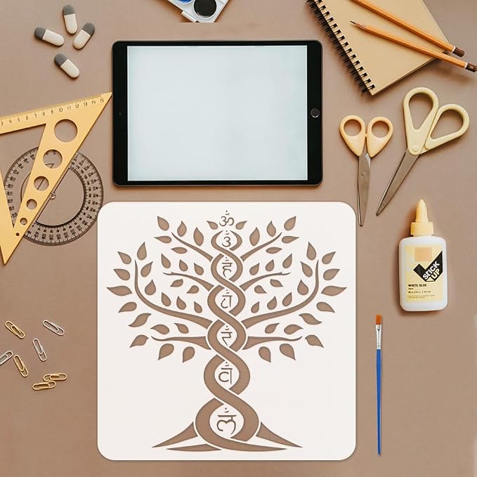 FINGERINSPIRE Tree of Life Stencil with a Paint Brush 11.8x11.8Inch Reusable Chakras Stencil PET Chakras Tree Decoration Template Plant Theme Template for Painting on Wood Wall Floor Furniture - Image 3