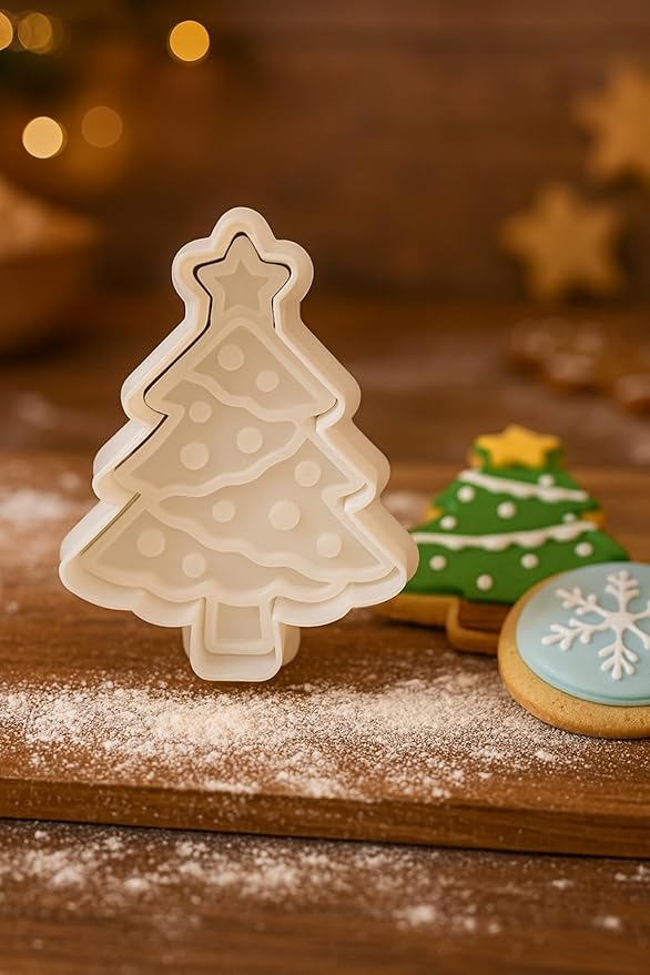 Christmas Tree Cookie Cutter and Stamp Set - 3.5" Holiday Baking Tool for Cookies, Fondant, Clay - Detailed Design with Easy Grip Handle - Durable Plastic Cookie Cutter for Christmas Baking