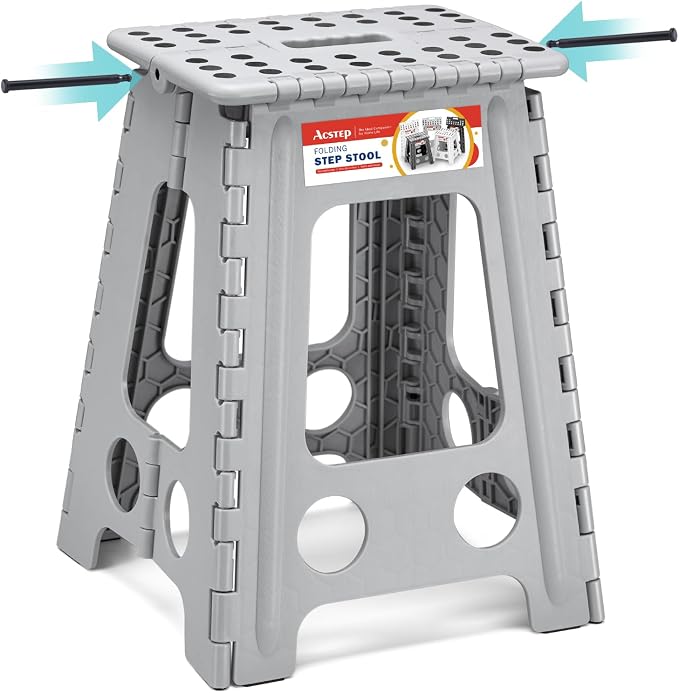 ACSTEP 17.5 Inch Heavy Duty Folding Step Stool for Adults, 400 lbs, Grey | Collapsible Stepping Stool for Adults with Handle and Non-Slip Surface, for Kitchen, Garage, Bedroom and Outdoor Tasks by ACSTEP