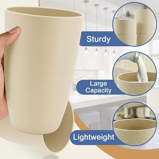 Wheat Straw Cups, 20 OZ Large Cups Set of 6, Unbreakable Drinking Cups, Alternative to Plastic Cups Reusable, Dishwasher & Microwave Safe Cups for Kitchen, Plastic Tumblers (Beige) - Image 4