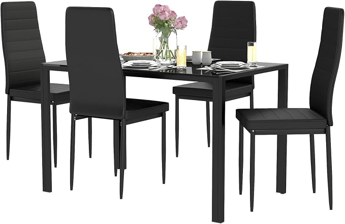 FDW | Dining Table Set for 4 | 5-Piece Glass Black Dining Table | Kitchen Table with 4 Upholstered Chairs and Faux Leather Cushions | Space-Saving and Modern Design | for Dining Room, Easy to Assemble by FDW