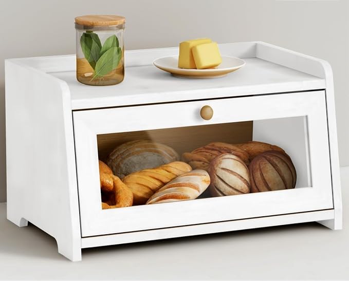 Goozii White Bread Box for Kitchen Countertop, Modern Counter Breadbox for Homemade Bread, Large Corner Bread Storage Container for Sourdough Loaf Organizers and Storage (White Bamboo Wood) by Goozii