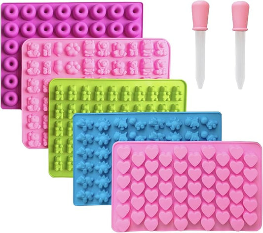 LeLehome 5Pcs Silicone Gummy Molds Set - Bear, Dinosaur, Animal, Donut, Heart Candy Molds 261 Cavities with 2 Droppers - Non-Stick, BPA Free for Chocolate & DIY