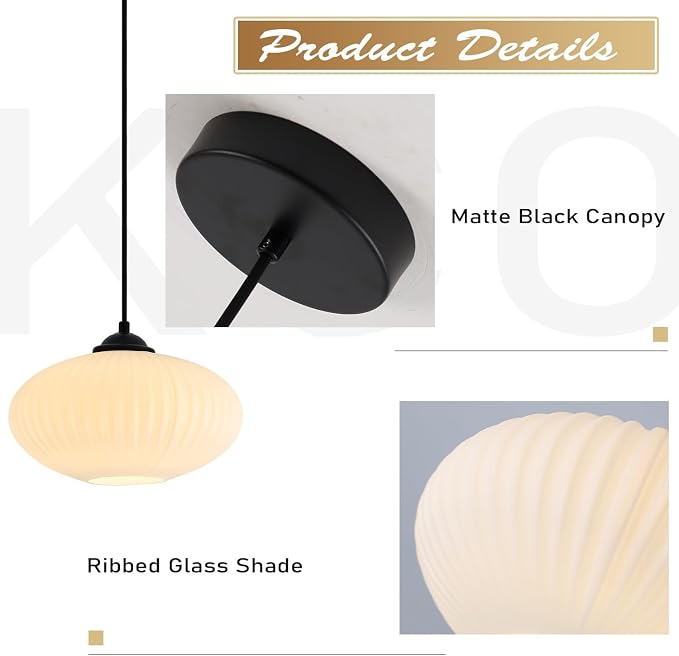KCO Lighting Matte Black Lantern Pendant Light with 9.8” White Ribbed Glass | Adjustable Cord E26 Hardwired Mid Century Modern Farmhouse Hanging Light for Kitchen Island Dining Living Room Bar Bedroom - Image 3