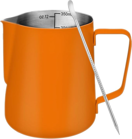 Amrules Milk Frothing Pitcher, 12 oz Milk Frother Cup with Clear Scale, 304 Stainless Steel Cappuccino Espresso Machine Accessories for Barista Coffee Bar with Latte Art Pen, Orange by Amrules