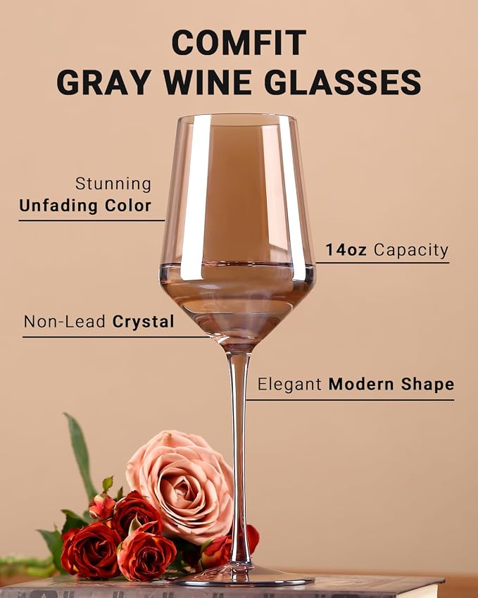 comfit Smokey Gray/Grey Wine Glasses Set of 6-14 oz Gray Kitchen Accessories, Unfading Color, Hand-blown Colored Wine Glasses - Gifts for Lovers, Mother's Day, Wedding, Birthday Gifts - Image 2
