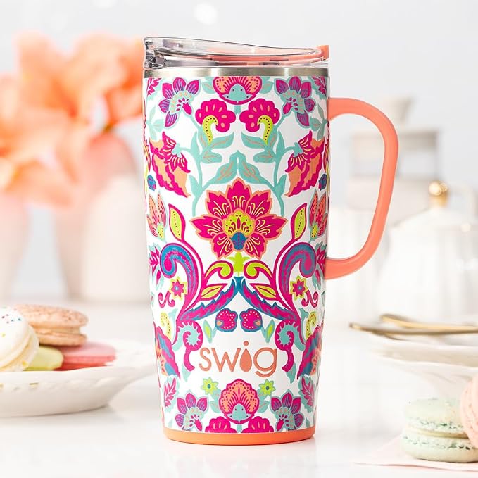 Swig Life 22oz Insulated Travel Mug with Handle & Lid, Flourish | Triple Insulated Stainless Steel - Handle & Lid Included - Keeps Coffee Hot or Cold - Cup Holder Friendly - Image 3