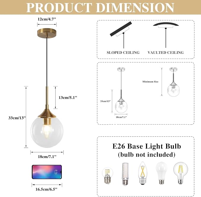 KCO Lighting Brushed Gold Kitchen Pendant Light 7” Modern Clear Glass Globe Pendant Light Brass Dining Room Light Fixture Mid Century Entryway Hanging Light Fixture (2 Pack) - Image 2