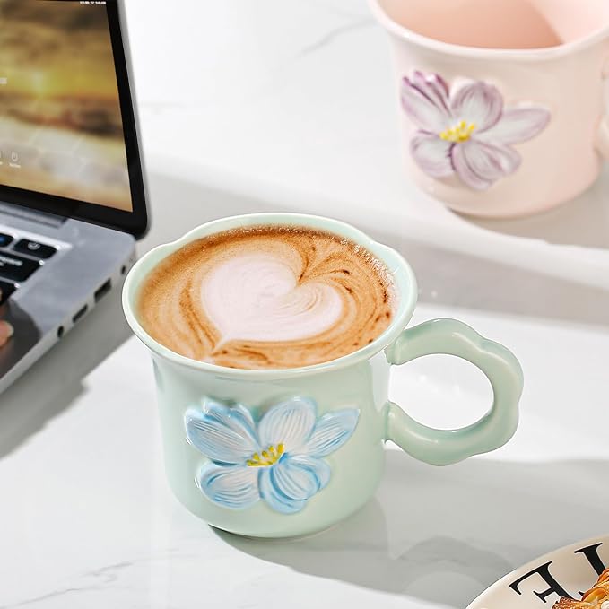 Cute Floral Coffee Mug Set of 4-12oz Ceramic Flower Embossed Cups with Petal Handles, Dishwasher and Microwave Safe - Image 5