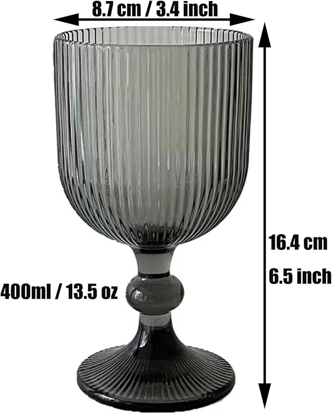 Taganov Water Goblets set of 6 Vintage Glassware 13 oz Colored Wine Glass Drinking Glass Vertical Line Embossed Pattern Stemmed Cups for Wedding Party Bar Grey - Image 6