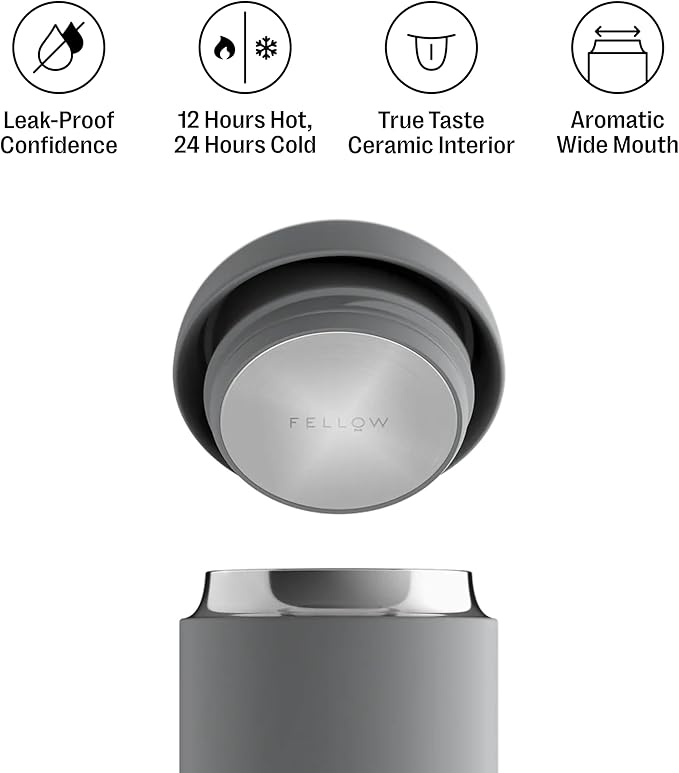 Fellow 16 oz Carter Wide Travel Mug - Wide Mouth Vacuum-Insulated Stainless Steel - Tea and Coffee Tumbler - Travel Coffee Mug with Ceramic Interior - Matte Grey