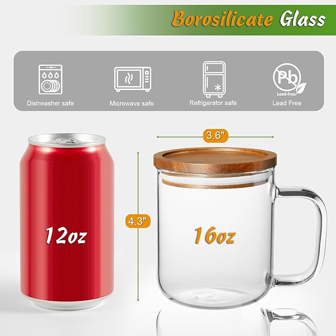 DRASTAR Glass Coffee Mugs,Clear Coffee Cups, Coffee Mug with Acacia Wood Lid, Tea Glass Cups with Handles, Large Coffee Mug Set of 2, Glass Coffee Cups for Latte, Espresso, Tea (2, 16 oz) - Image 2